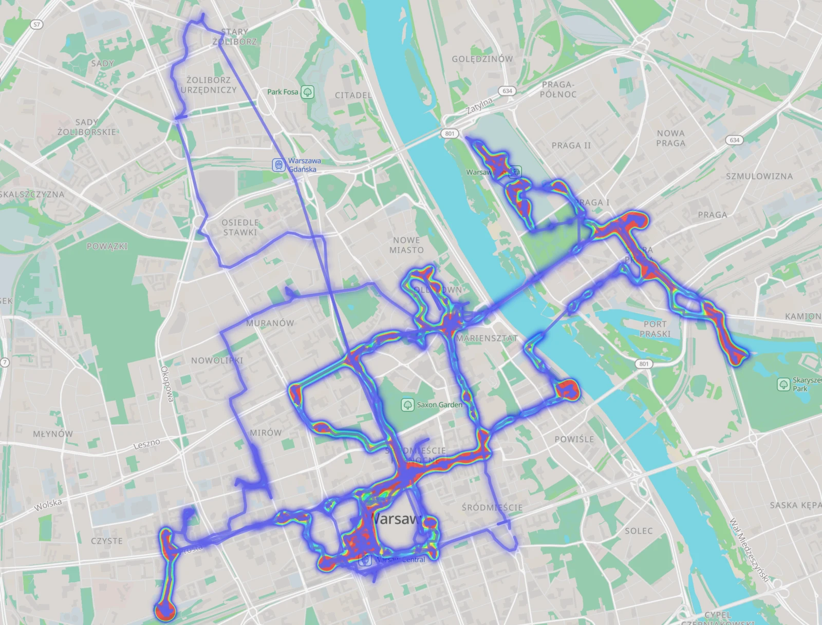 Dawarich heatmap of four days walking around Warsaw