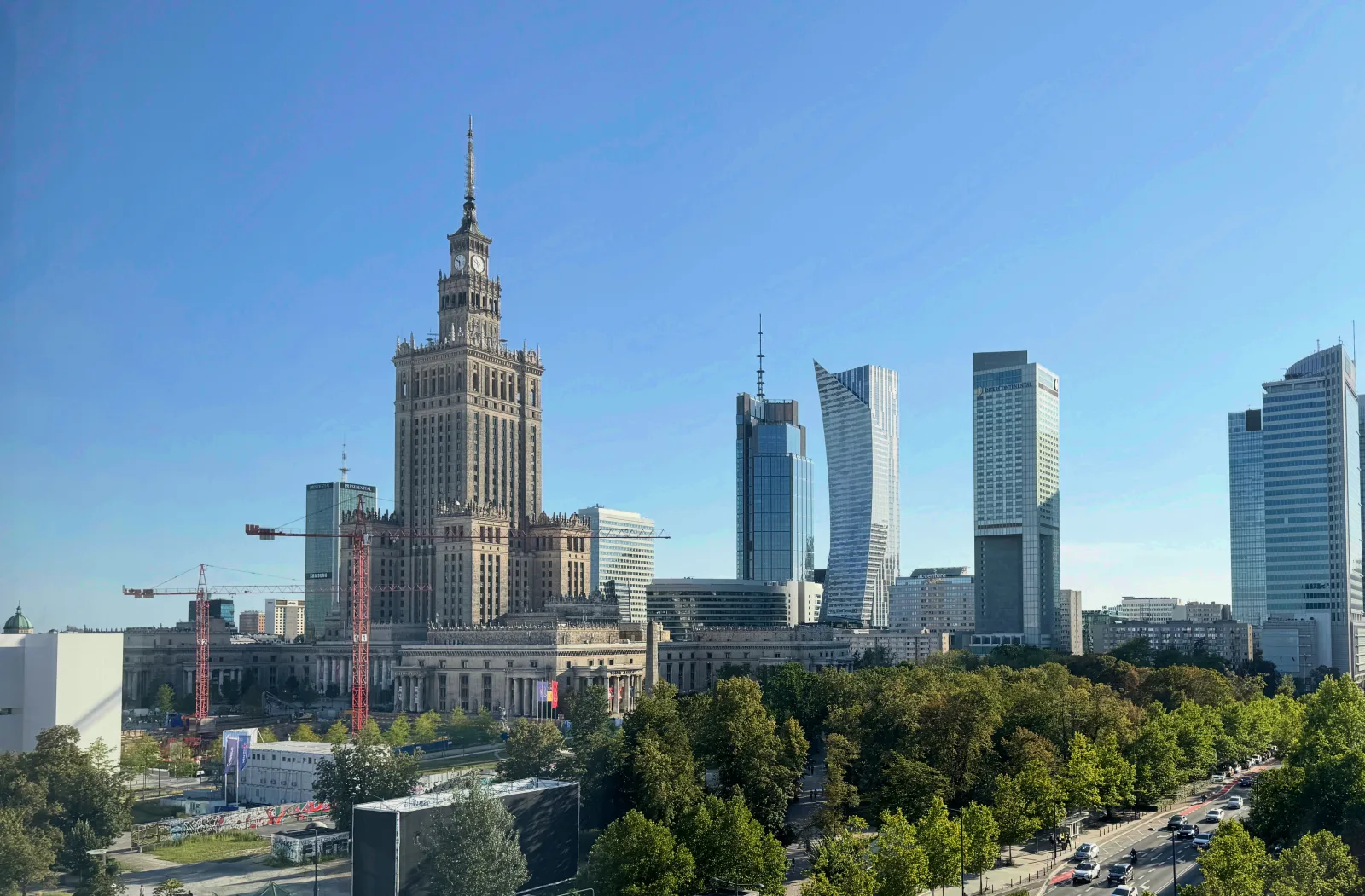 The Palace of Culture and Science against Warsaw's modern skyline